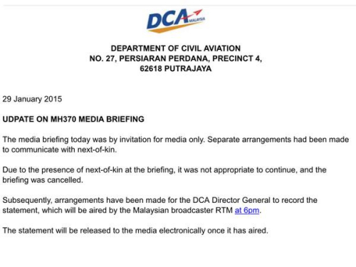 大马称取消MH370发布会系因机上人员家属到场